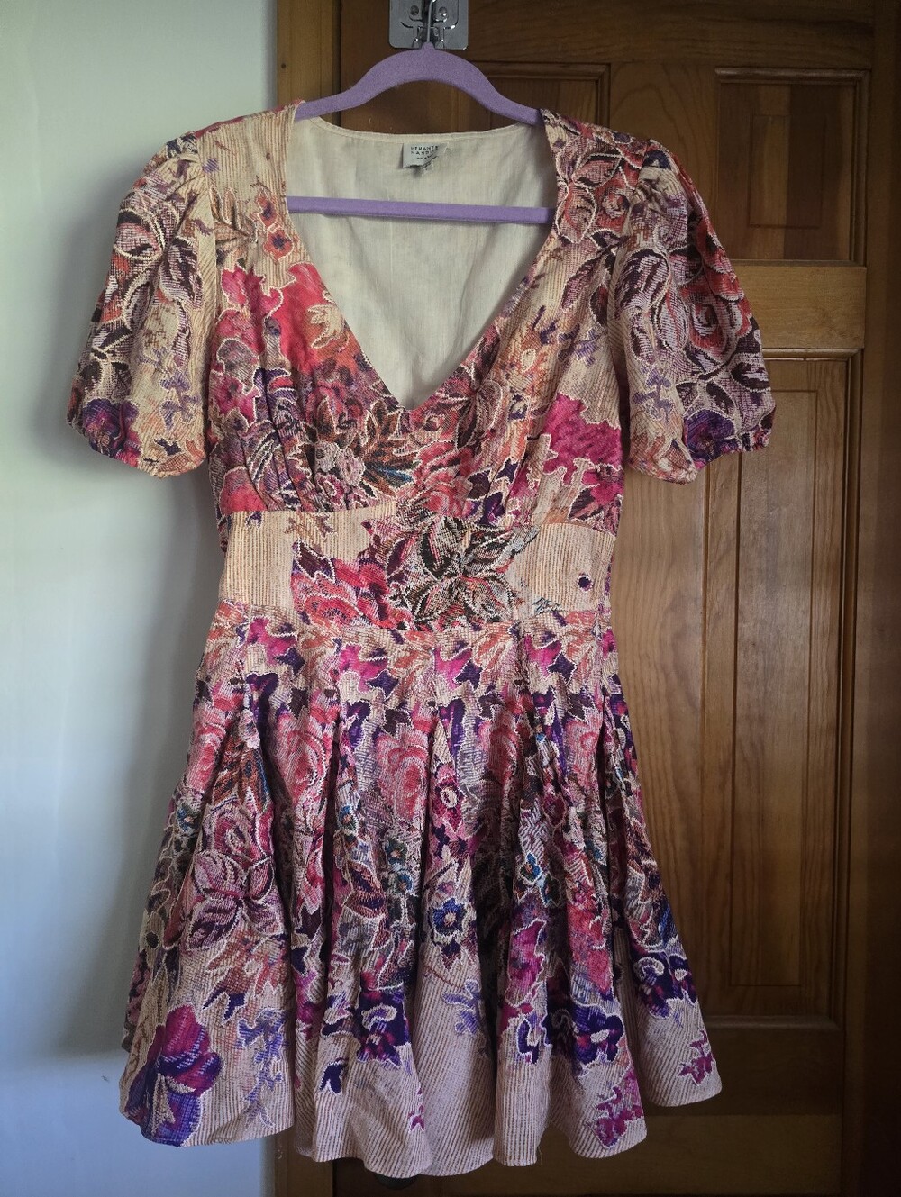 HEMANT & NANDITA Pink and Beige Floral V-Neck Mini Dress